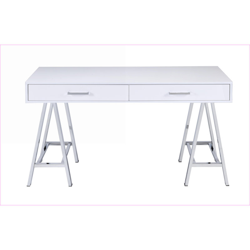 Bureaux, bureau moderne blanc ultrabrillant avec port USB et amp; 2 tiroirs | Base en métal chromé | Blanc