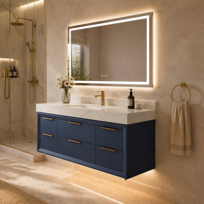  48" Modern Wall Mounted Single Bathroom Vanity with Engineered Stone Top, LED Light, Soft Close Drawers
