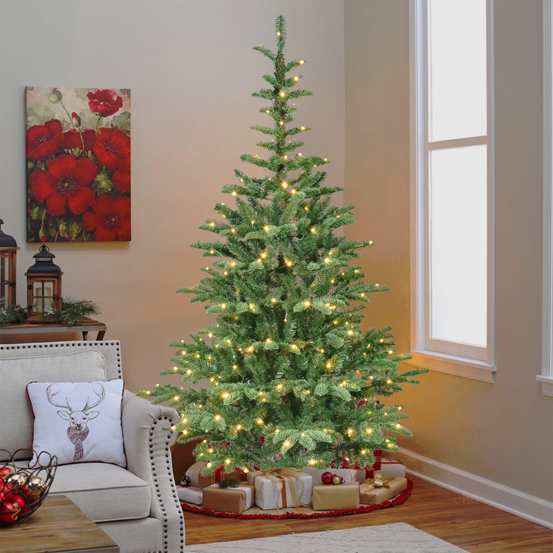Arbre de Noël illuminé 7 pi avec 400 lumières DEL chaudes, 941 pointes en PE + PVC, aspect Laye réaliste, base en bois unique - arbre de Noël artificiel complet pour la décoration intérieure