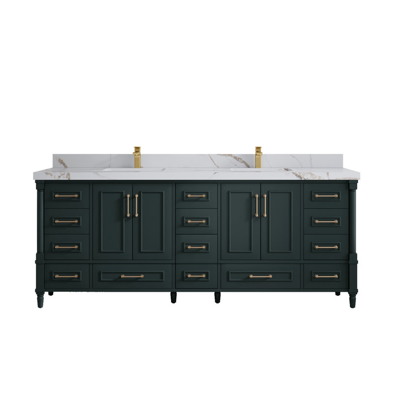 Aberdeen Bathroom Vanity, Calacatta Gold Quartz, Dark Forest Green