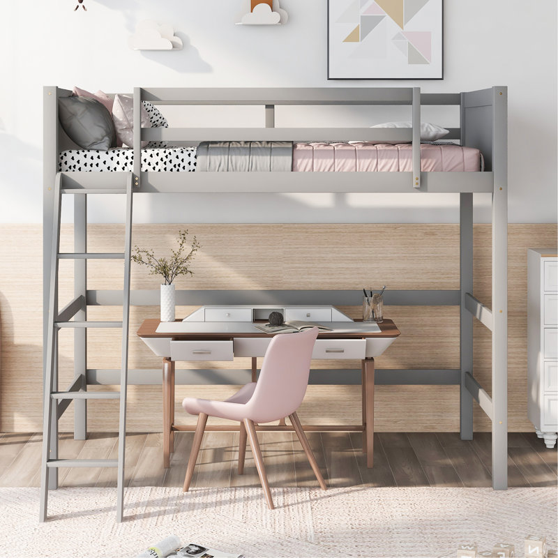 Lit mezzanine simple en bois massif avec échelle (gris)