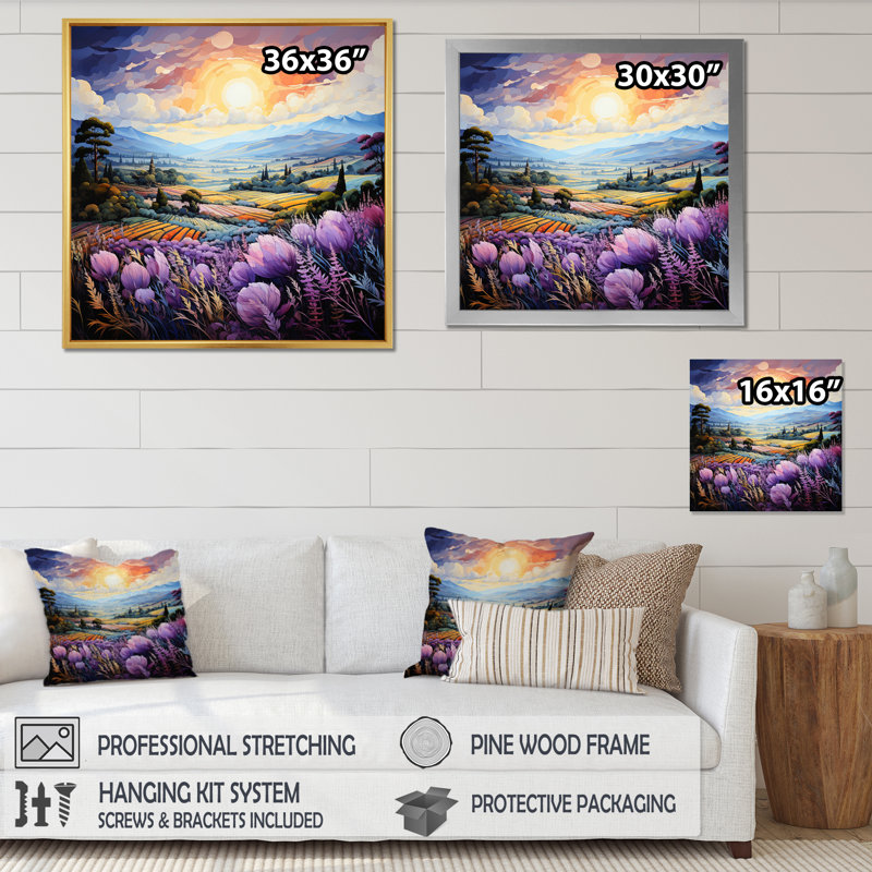 «France Lavender Landscape II», reproduction sur toile, H 16 po x l 16 po x P 1 po, Cadre simple noir