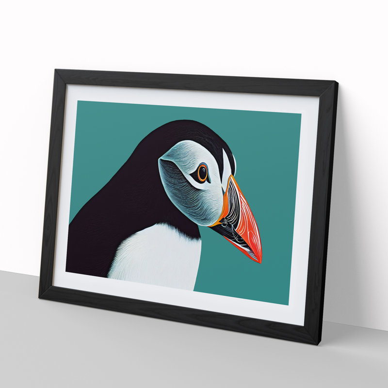 Flourishing Puffin Bird - Single Picture Frame Painting, Black, 46cm H x 64cm W x 2cm D