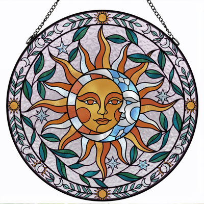 Sun Moon Stained Glass Window Panel，12"H
