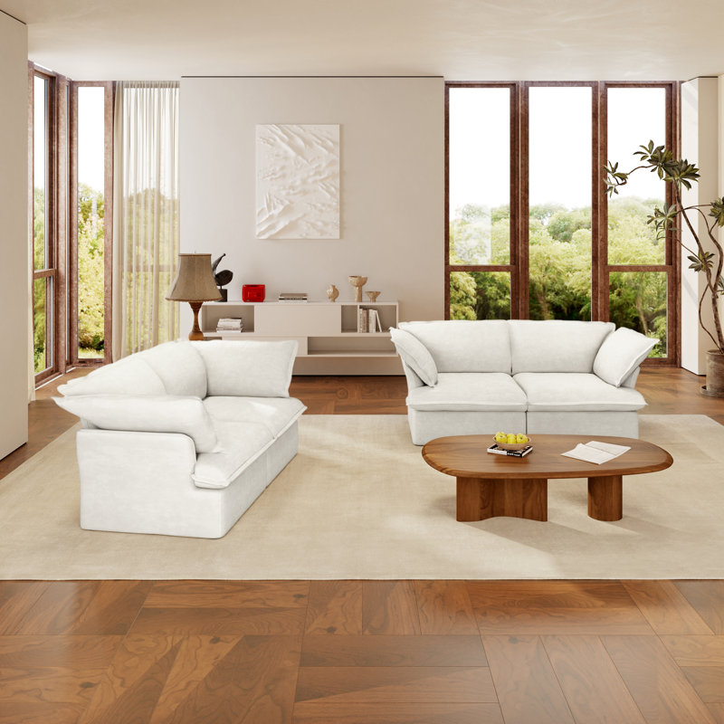 Ensemble de salon modulaire 2 pièces avec canapé à housse, Mélange de lin de couleur naturelle, Blanc