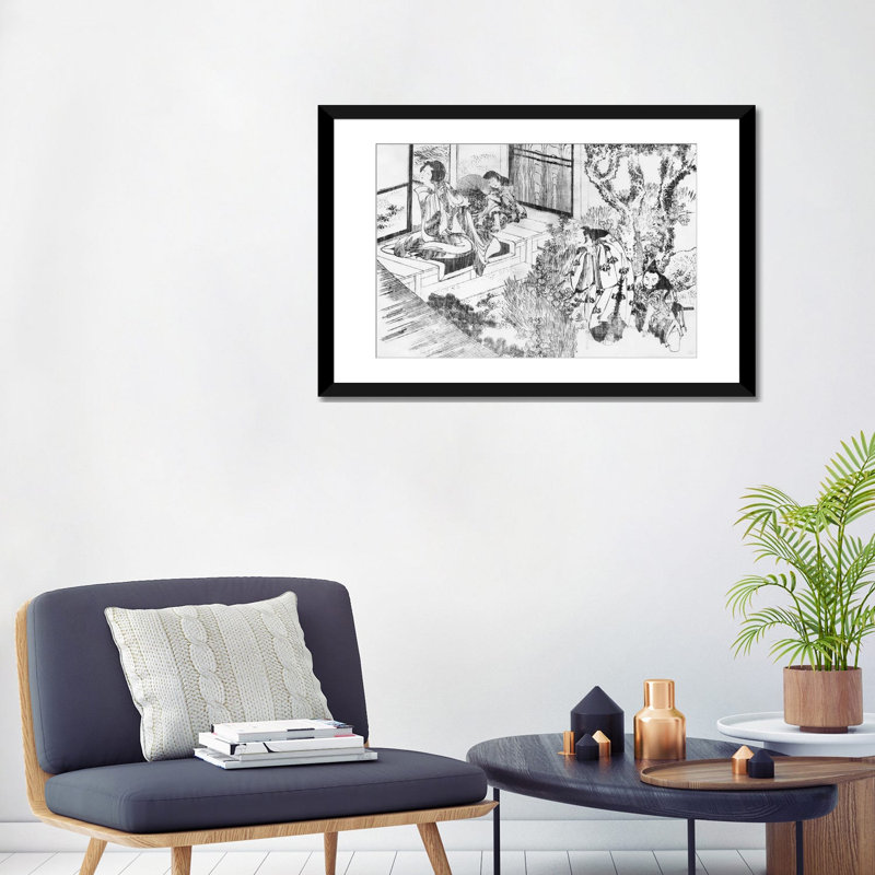 "a man regarde une belle femme" par katsushika hokusai,, reproduction d’art sur toile, Papier d'art encadré noir, Blanc