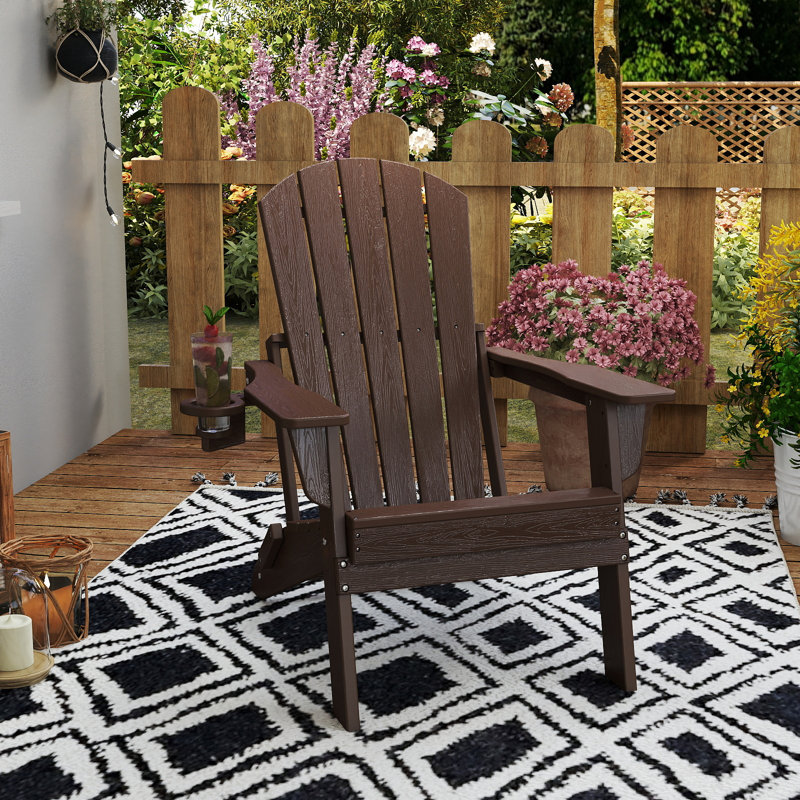 3-Piece Outdoor HDPE Adirondack Seating Set – 2 Foldable Patio Chairs With Cup Holders & 2-Tier End Table, All-Weather Poly Lumber Furniture For Porch, Backyard, Deck & Pool Area