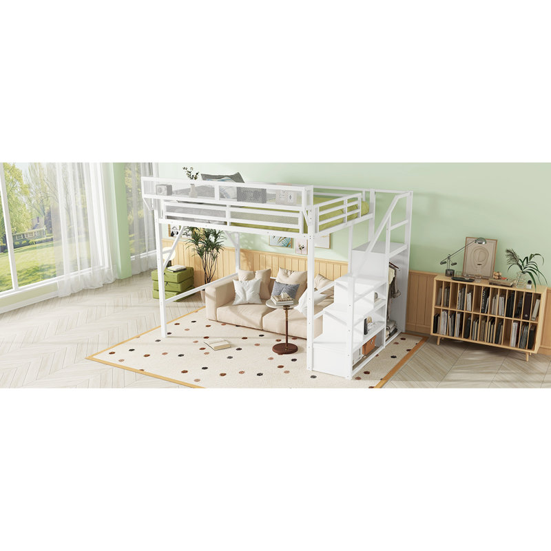Grand lit mezzanine avec escalier, tablettes de rangement et garde-robe, capacité de poids de 400 lb, 54,3 po sous, finition blanche haute pour