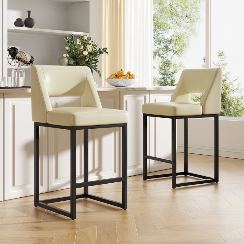 Tabouret de bar rembourré à hauteur de comptoir avec pieds en bois massif, Blanc