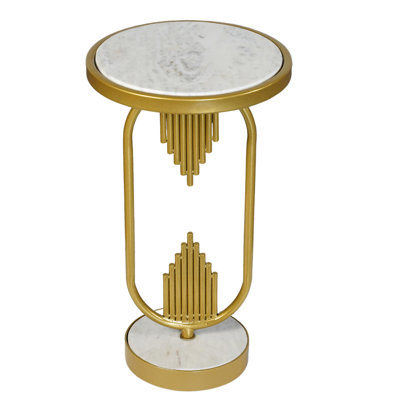 Keyjuan Side End Table With Round Marble Top, Gold Oblong Frame, 21-inch Height