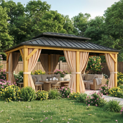 Pavillon de jardin en bois massif l 20 pi x P 12 pi avec double toit rigide et rideaux