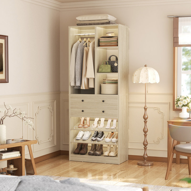 Organisateur de garde-robe de 2,7 m avec 2 tiroirs en bois et 1 tringle, Chêne blanchi