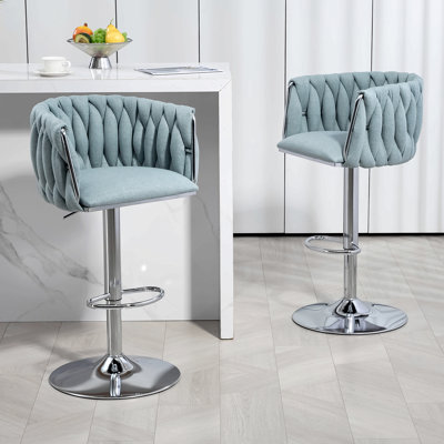 360° Fabric Cover Swivel Bar Stools Set Of 2, Adjustable Counter Height Bar Chairs With Woven Back & Footrest, Silver Chromed  Bar Stools
