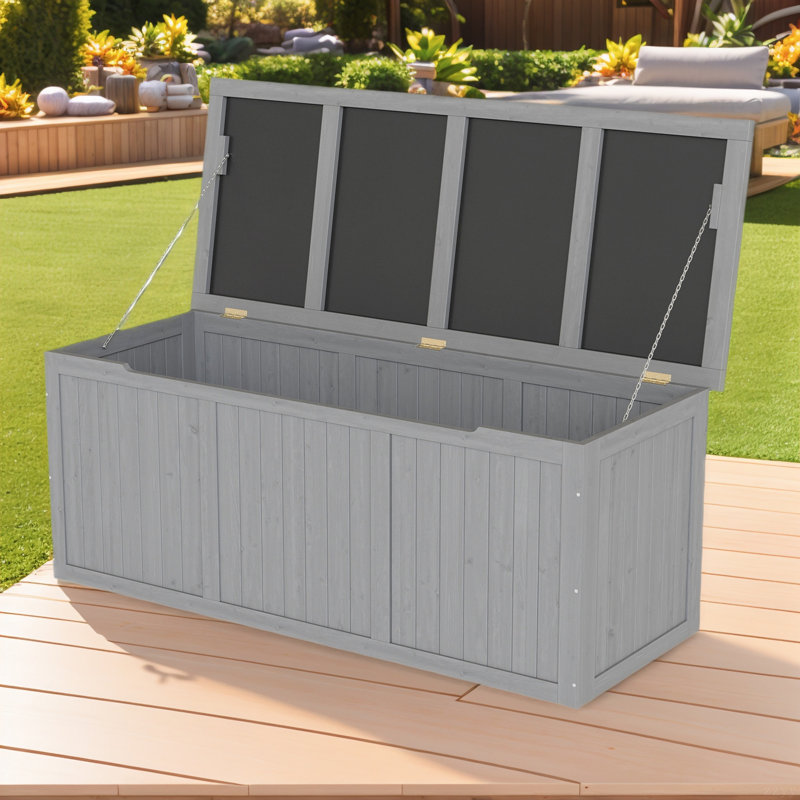 Outdoor Wooden Deck Box Solid Wood Storage Box Seat & Table Top For Patio Furniture Cushions, Pool Toys & Garden Tools, Gray