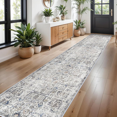 Tapis lavables - Tapis de cuisine rétro résistant aux taches pour le salon, la chambre, le tapis de salle de lavage, le tapis de couloir patiné (brun / bleu)