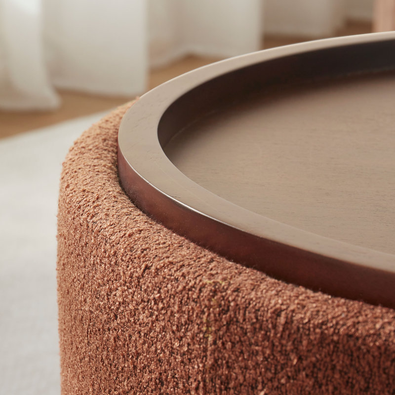 Caysey 30.1" W Upholstered Round Storage Ottoman with Wooden Tray, Orange