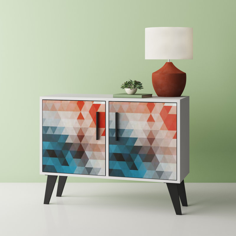 Amsterdam Mid-Century Modern 2-Door Accent Cabinet with 3 Shelves in White and Multi Color, Red/Blue