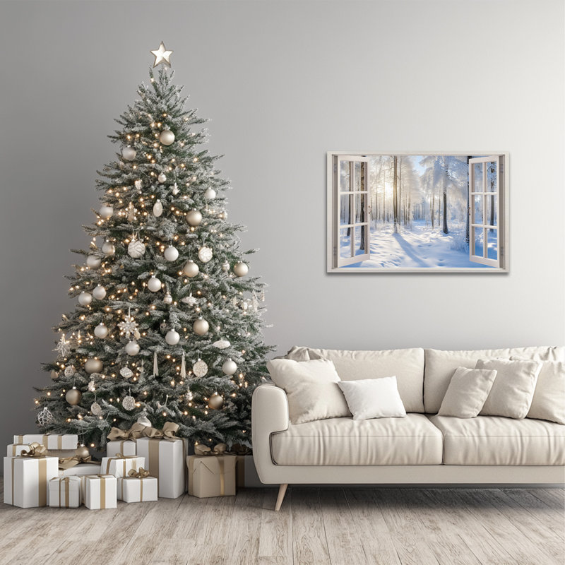 Grande fenêtre hivernale, art mural sur toile, fenêtre enneigée, paysage panoramique, impressions sur toile encadrées, scène d'hiver, affiche pour le bureau de la chambre à coucher, 28 po x 40 po