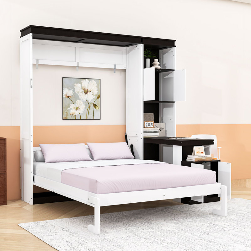 Lit escamotable en bois avec bureau, armoires et tablettes, Lit double