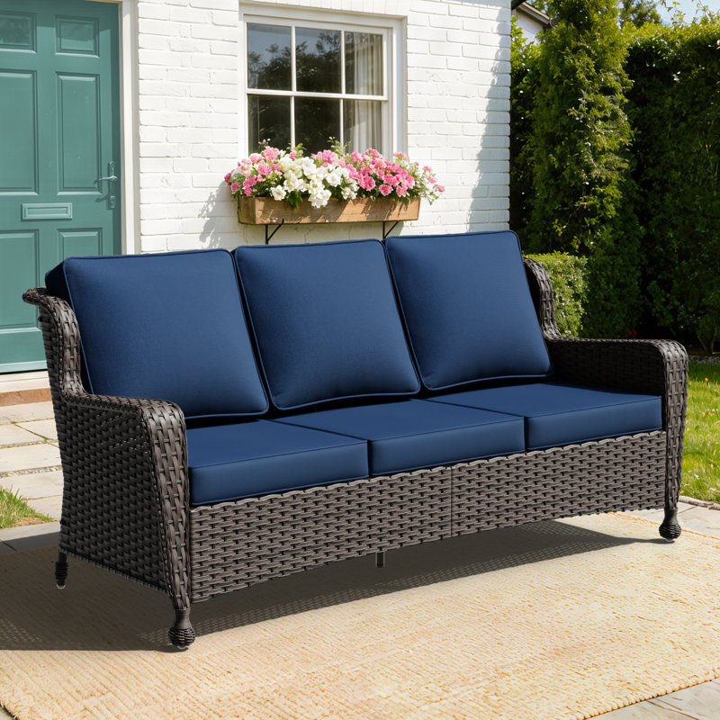 Vaylen Outdoor Wicker Sofa With Cushions, Dark Blue