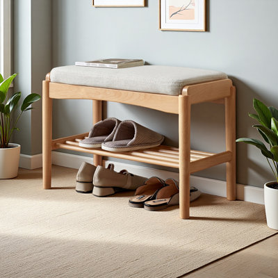 Natural Solid Wood Shoe Bench, Mid-Century Modern Storage Bench With High Rebound Sponge Cushion For Entryway And Living Spaces