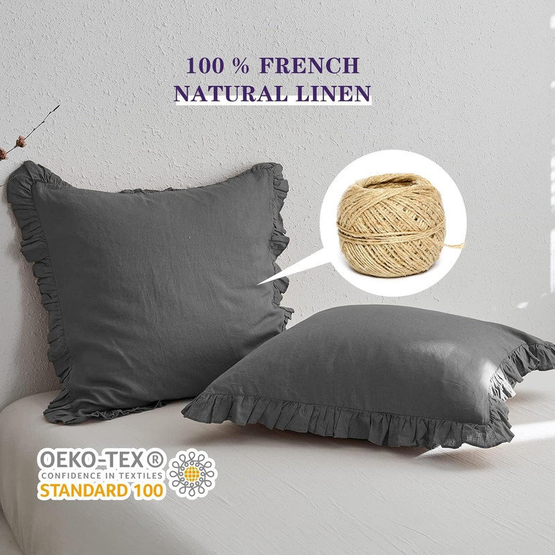 Housses de taies décoratives 100% lin à volants, 2 pièces Housses de coussin 26 x 26 pouces, Gris foncé