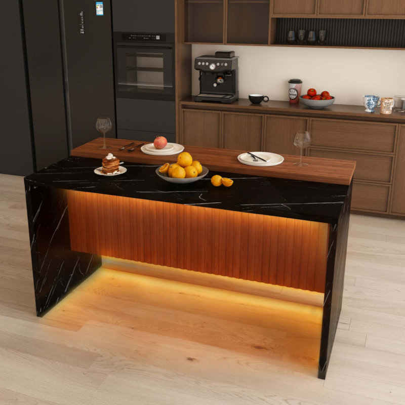 Modern Kitchen Island With Marble-Look Surface, LED Lights & Grille Design For Dining Room, Living Room(Island Only)