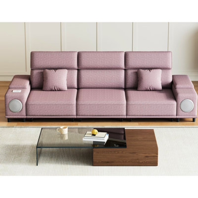 Canapé électrique inclinable à 3 places avec recharge sans fil, système audio, contrôle indépendant de la zone de vie à trois zones, couleur rose, cadre en eucalyptus avec positionnement zéro gravité et construction de type C