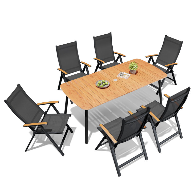 6 - Person 70.9'' L X 33.1'' W Rectangular Patio Dining Set with Umbrella Hole, Aluminum Frame and Folded Reclining Armchairs
