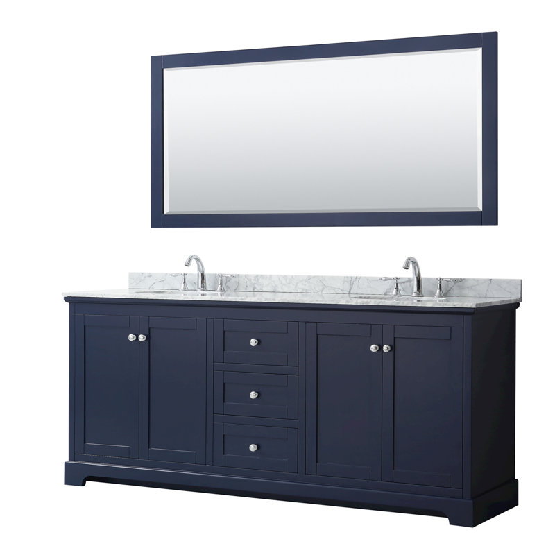 Ensemble de meuble-lavabo double 80 "avec miroir Avery, Bleu très foncé, Chrome poli