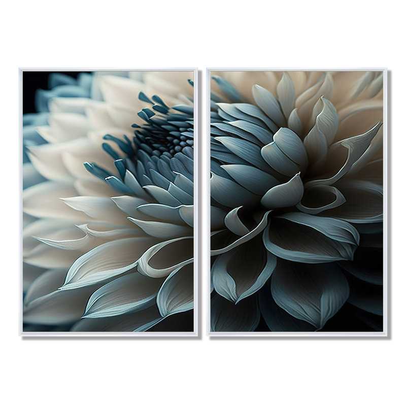 Dahlia bleu et blanc II, Black, 36" H x 48" W, Impression encadrée flottante
