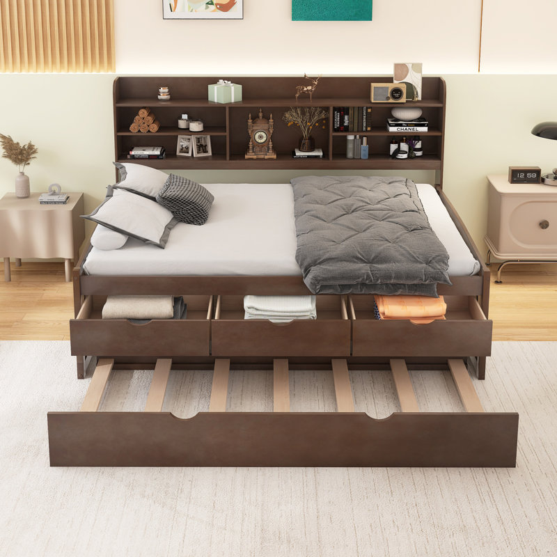 Wooden Captain Bed With Built-In Bookshelves,Three Storage Drawers And Trundle, Full, Brown