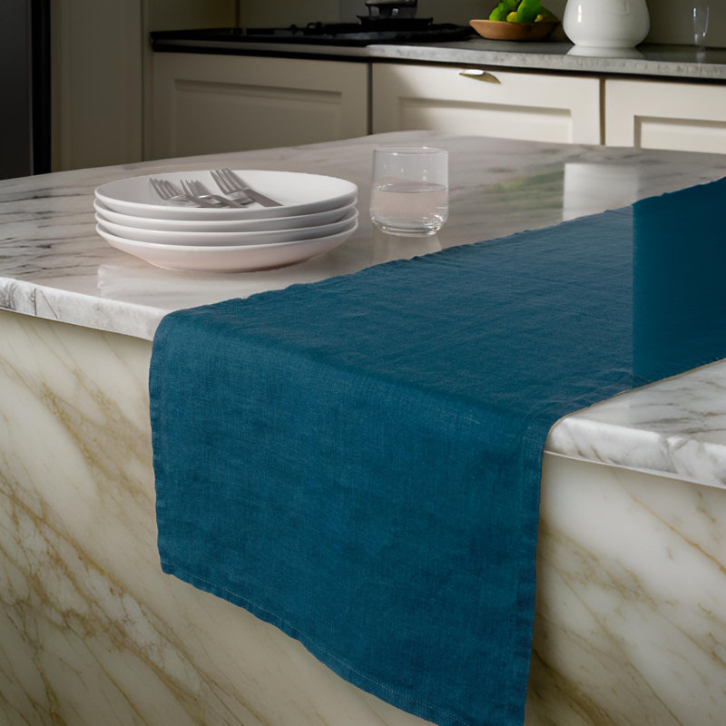 Chemin de table rectangulaire en lin Valle, Bleu sarcelle