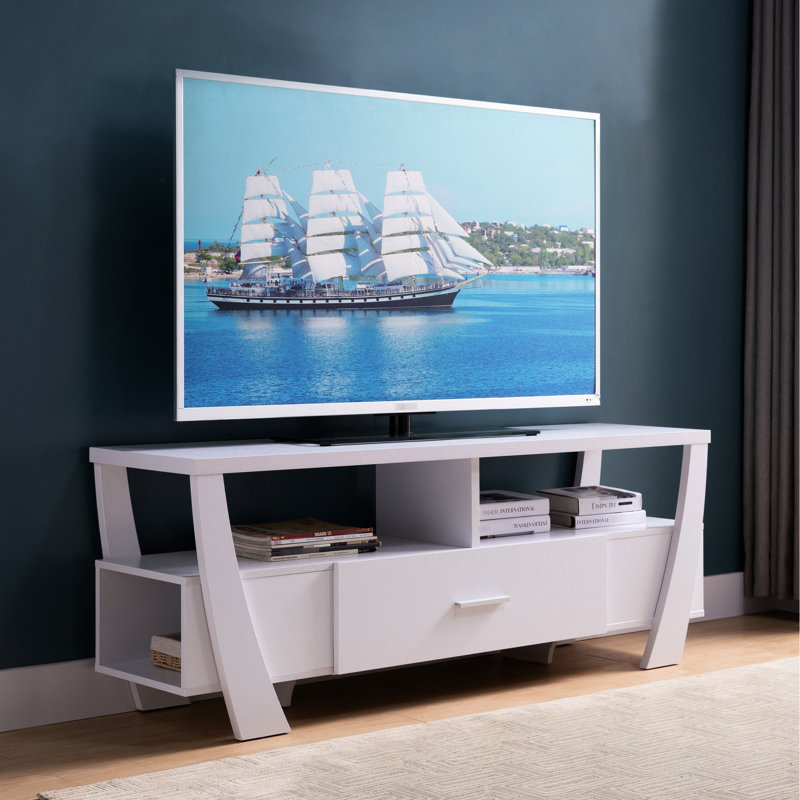 Meuble télé contemporain blanc - quatre tablettes et un tiroir, pouvant supporter jusqu'à 100 lb, 2 tablettes, 1 tiroir avec glissières fiables, tablette latérale, panneau de particules blanc pouvant accueillir de manière fiable et précise