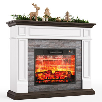 Abiud 44" Electric Fireplace w/ Mantel, Dancing Flame Effect & Stacked Stone Surround，white&brown