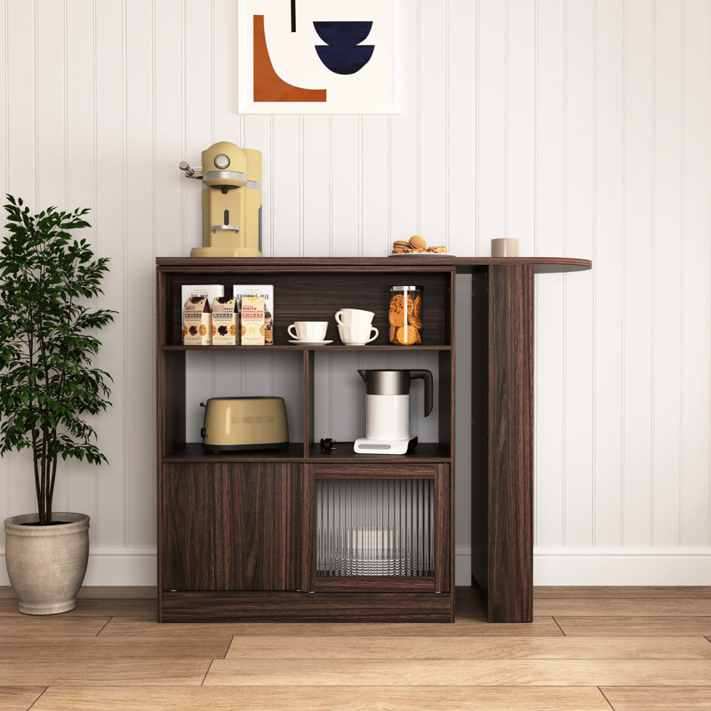 Armoire de bar moderne en noyer avec 6 boîtes de rangement et une étagère à condiments rotatifs, noyer, espaces 2 portes en verre