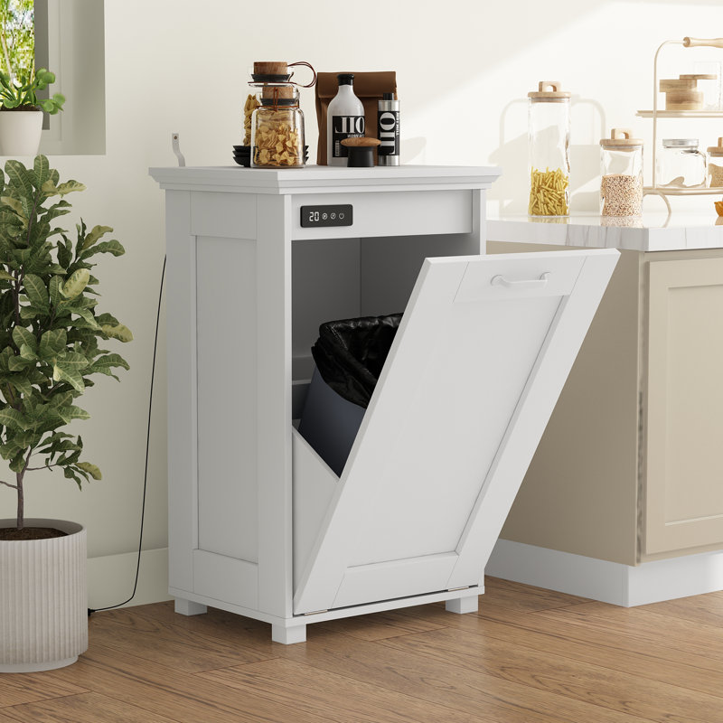 White Hidden Trash Can Cabinet With Ozone Deodorizer