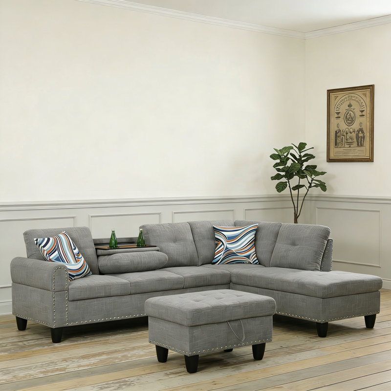 Ensemble de canapé en forme de L 3 pièces avec table rabattable et repose-pieds de rangement, disponible en tissu ou similicuir
