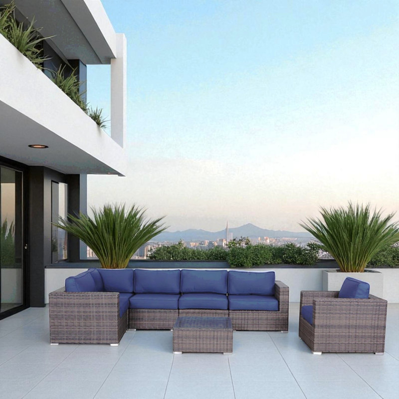 Canapé modulaire de luxe en rotin 7 pièces avec coussins