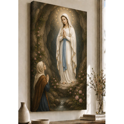Large Lourdes Apparition Mary Wall Art Canvas Print 24x36 Inch Sacred Cave Prayer Decor for Bedroom Living Room Spiritual Home Decor - Ready to hang