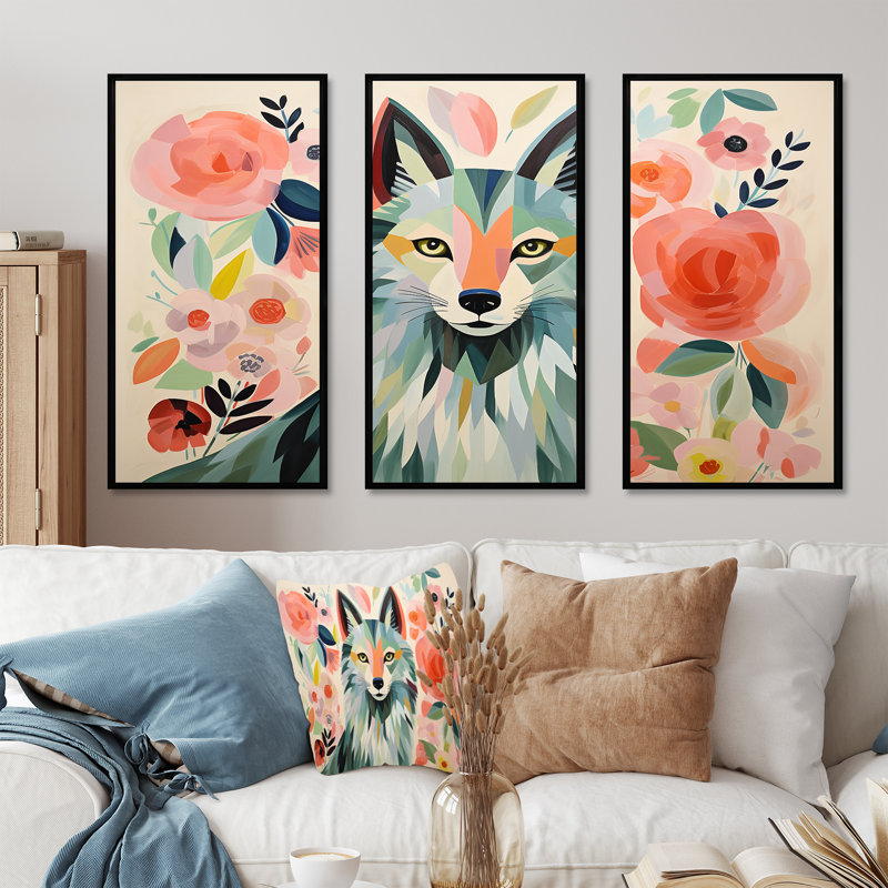 Rose et vert Boho Portrait de loup III - loup, art mural, Cadre flottant noir, H 32 po x l 48 po