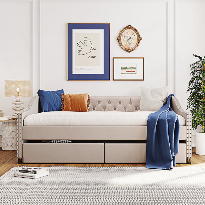 Modern Upholstered Daybed With Two Drawers, Beige
