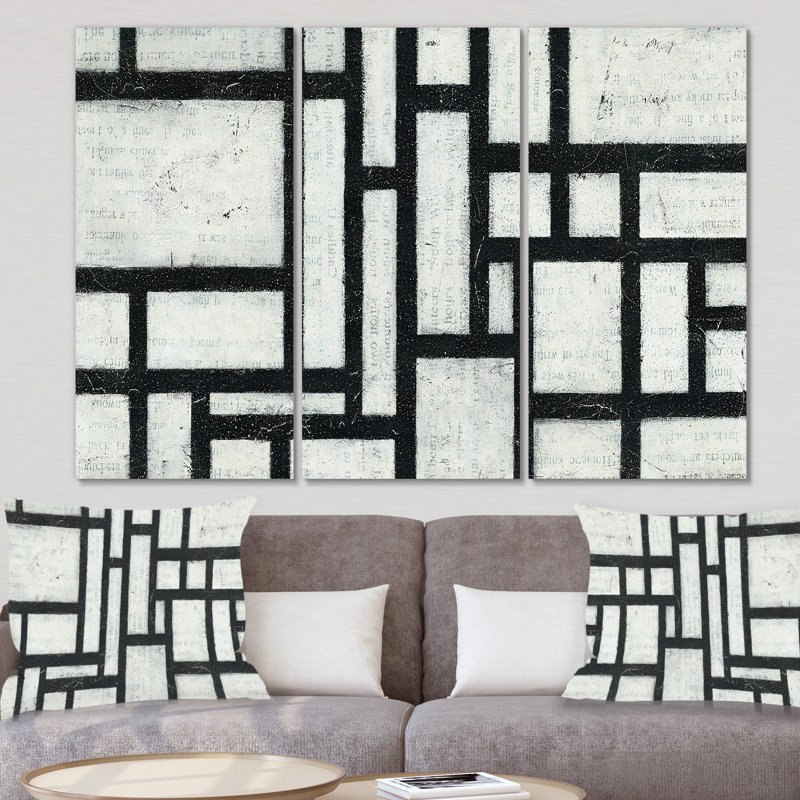 " Black And White Labyrinth Geometric " 3 - Pieces, 28" H x 36" W x 1" D
