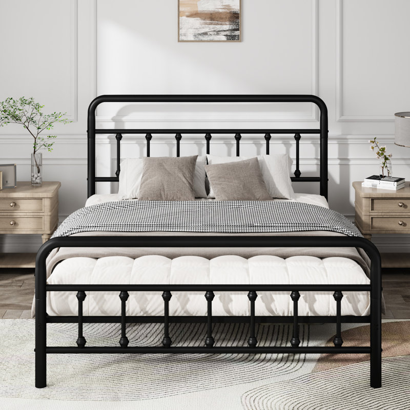 Structure de lit grand format en métal, finition noire, tête de lit haute avec fonction, beaucoup de rangement pour garder les articles dans une structure en métal, détente confortable, matelas à structure renforcée à long terme