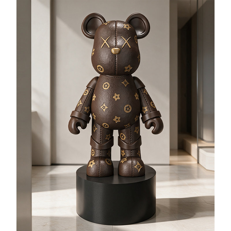 Figurine d'ours en résine contemporaine de luxe, sculpture de sol à imprimé rétro, objet de décoration tendance avec socle