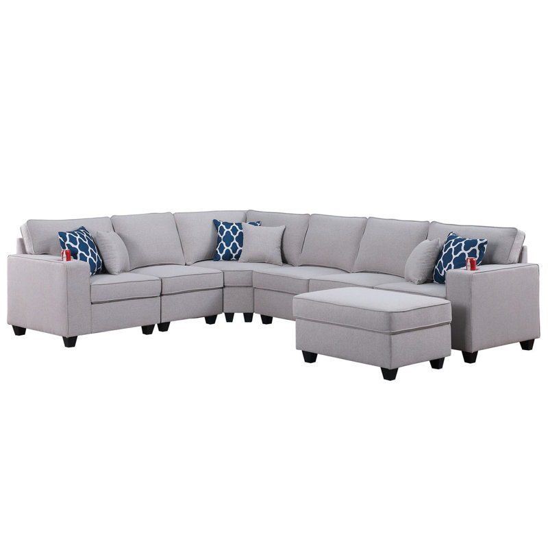 Canapé modulaire réversible en lin 125 po gris 7 pièces 125 po avec porte-gobelet, pièces modulaires, 6 coussins décoratifs inclus, siège de 17,75 po de hauteur, profondeur de 23 po, accoudoir de 24,25 po, pied en plastique brun de 3,25 po, dossier rembourré en mousse de 18 po