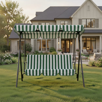 Balancelle de véranda de 67 po x l 43 po x H 60 po à 3 places avec structure robuste en fer thermolaqué pour patio, cour, jardin, terrasse, salon de balcon et détente - Rayures bleues