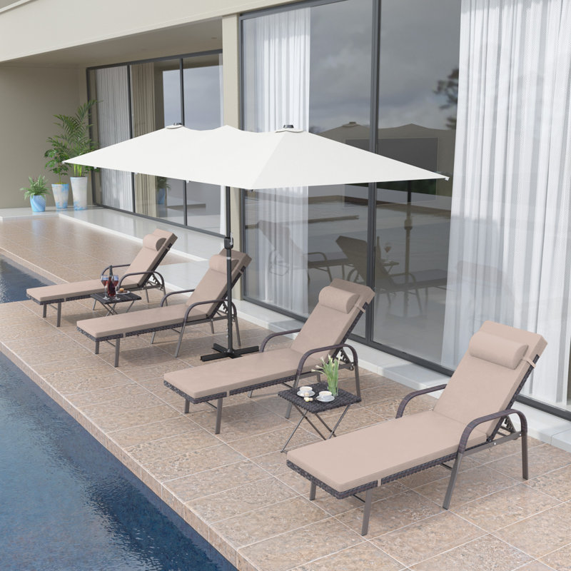 Outdoor Chaise Lounge Chair With Adjustable Backrests Cushions And 2 Foldable Side Tables Weather Resistant Patio Recliner Set For Poolside Garden Or Balcony(Set Of 4)