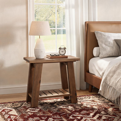 23.62" Farmhouse Wooden Nightstand with Slatted Lower Storage Shelf, Rustic Bedside End Table for Bedroom