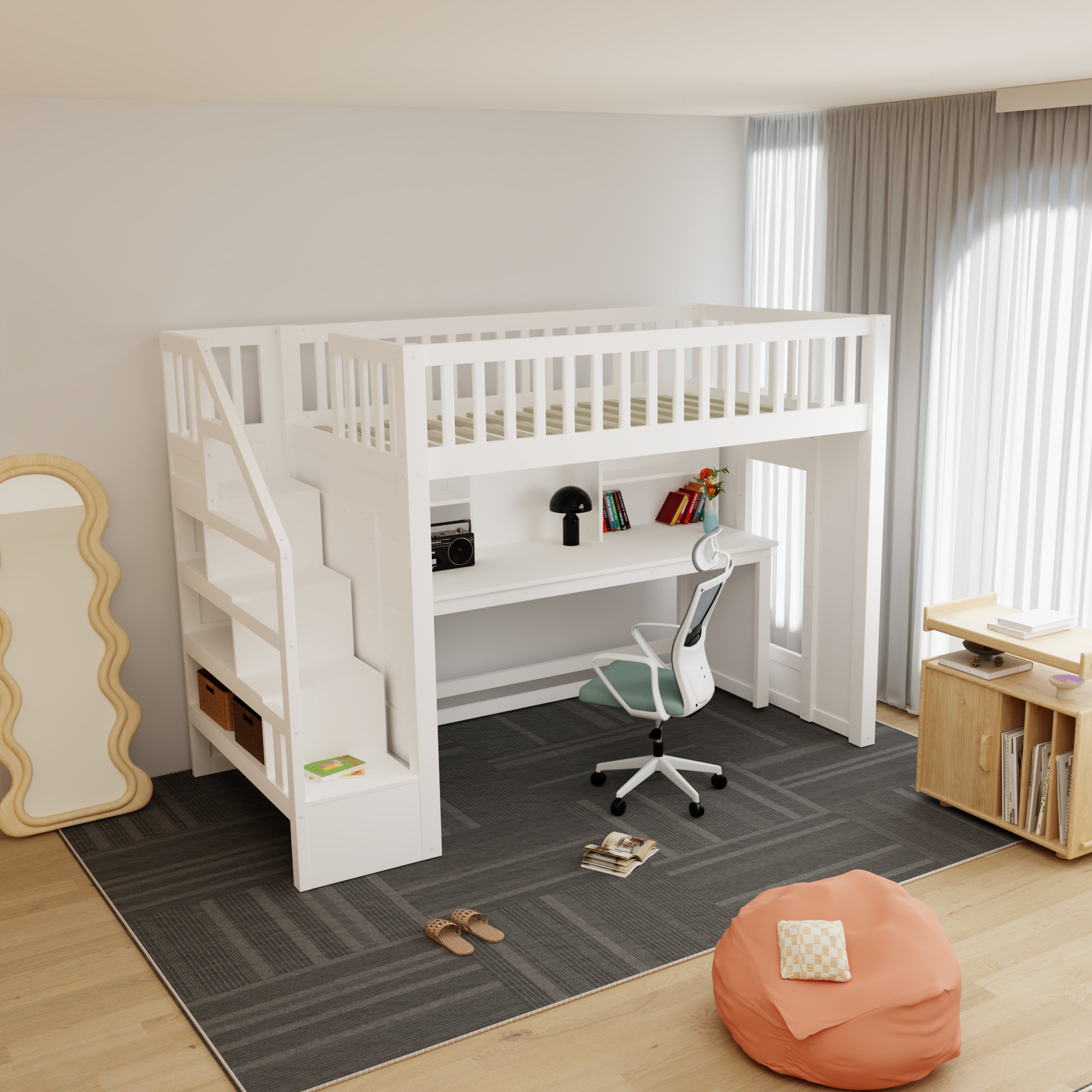 Latitude Run® White Wood Twin Size Loft Bed With Movable Desk | Wayfair